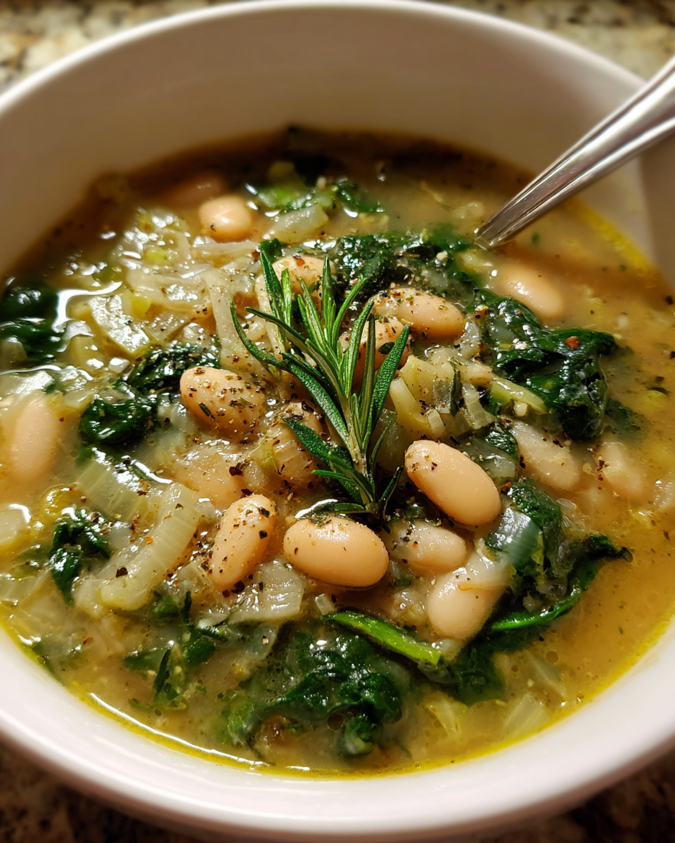 White Bean and Spinach Soup in rustic bowl