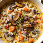 Creamy wild rice and mushroom soup in a bowl with fresh herbs