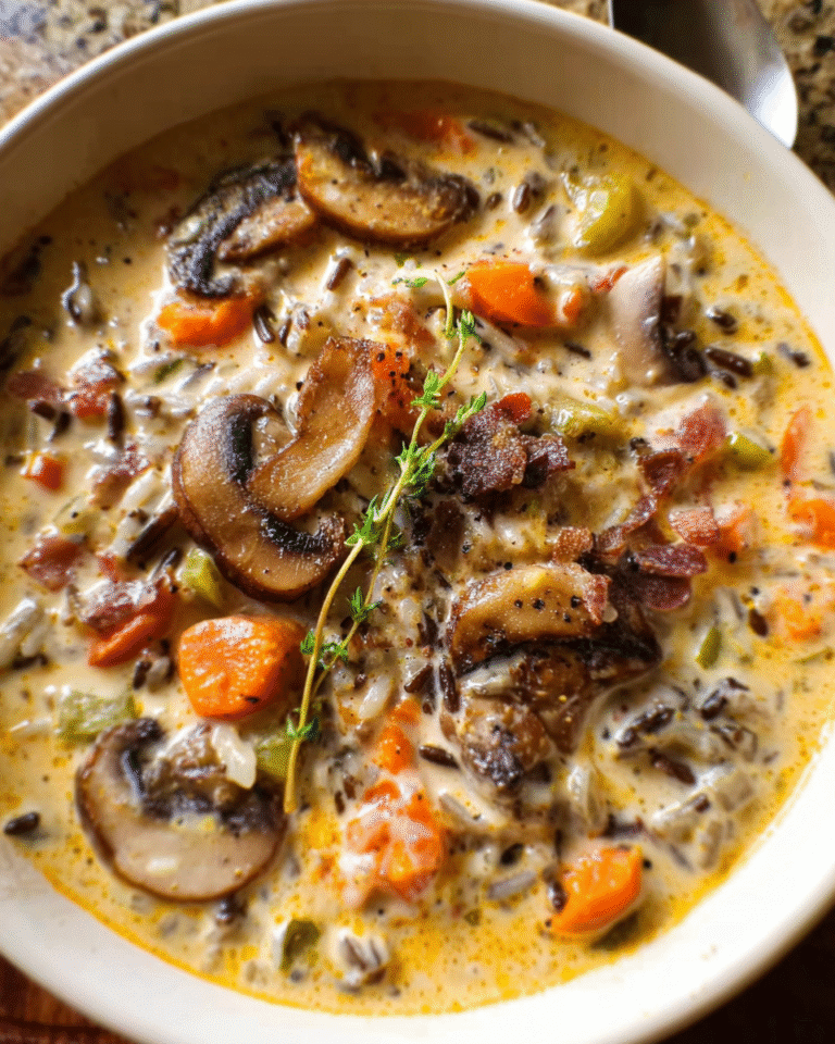 Creamy wild rice and mushroom soup in a bowl with fresh herbs