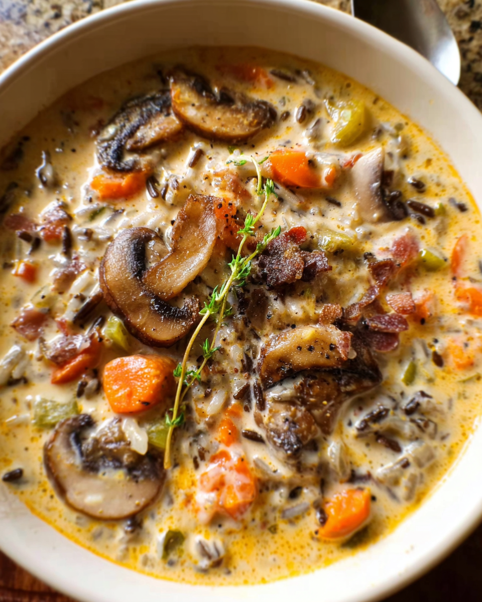 Creamy wild rice and mushroom soup in a bowl with fresh herbs