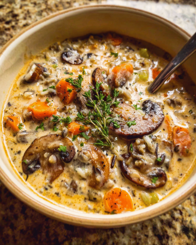 Creamy wild rice and mushroom soup in a bowl with fresh herbs
