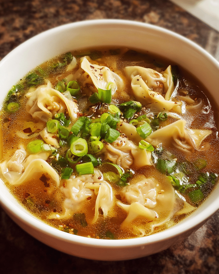 Steaming bowl of homemade chicken wonton soup