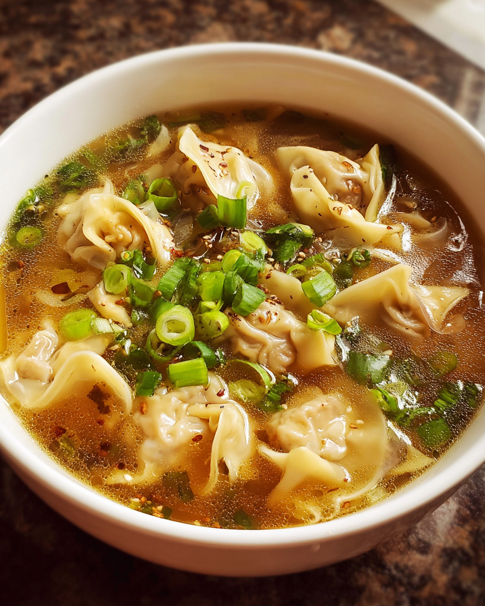Steaming bowl of homemade chicken wonton soup