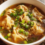 Steaming bowl of homemade chicken wonton soup