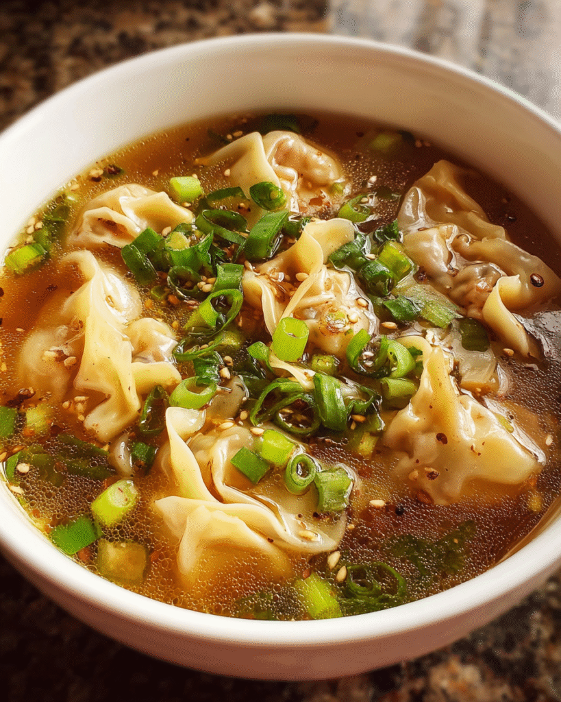 Steaming bowl of homemade chicken wonton soup