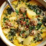Zuppa Toscana creamy soup in rustic bowl