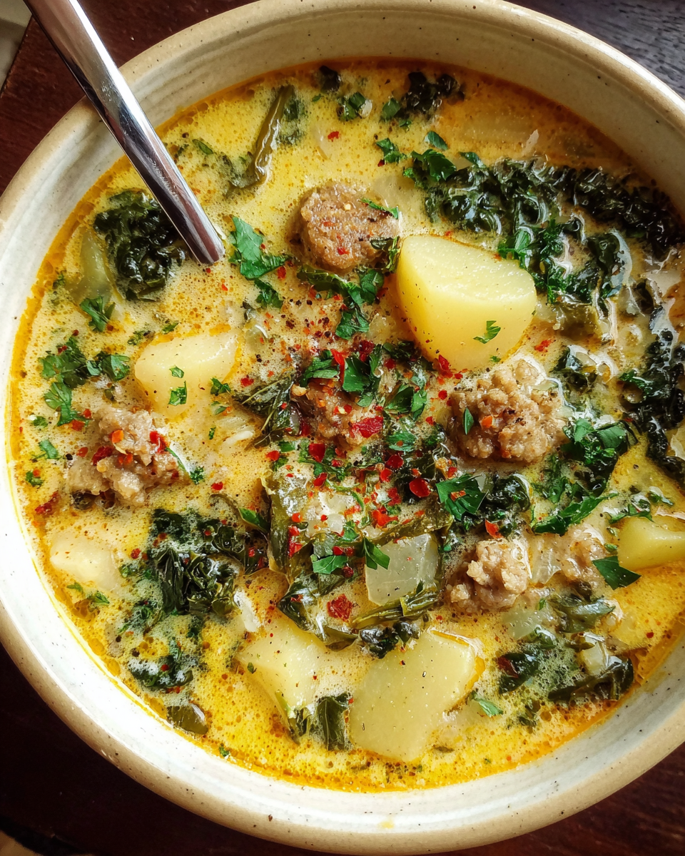 Zuppa Toscana creamy soup in rustic bowl