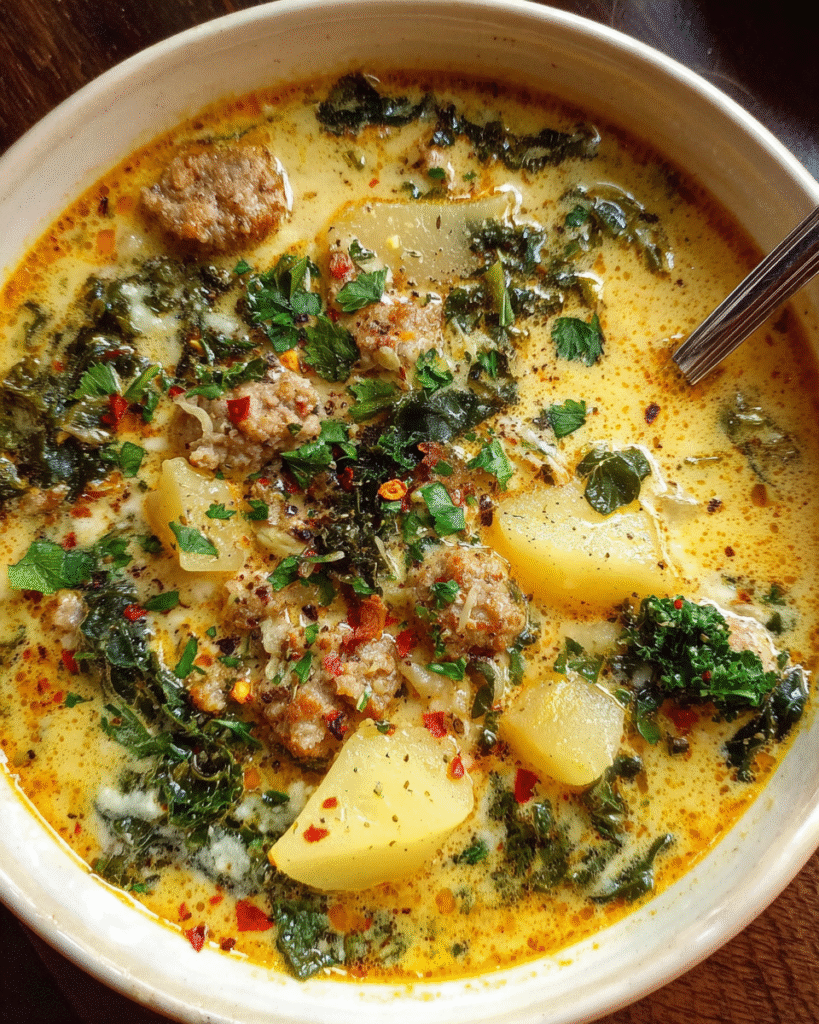 Zuppa Toscana creamy soup in rustic bowl