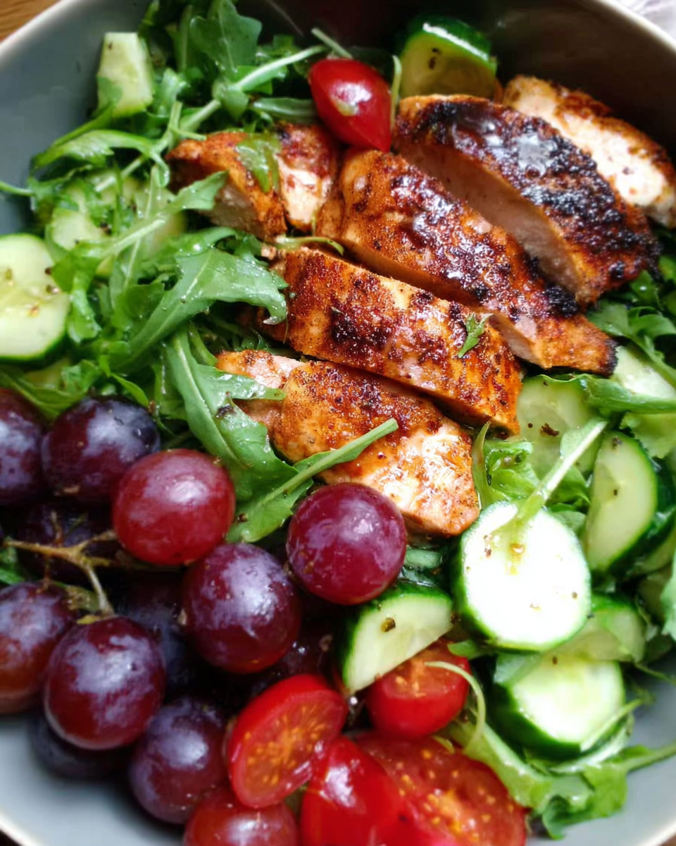 Blackened chicken and grape arugula salad in a rustic bowl