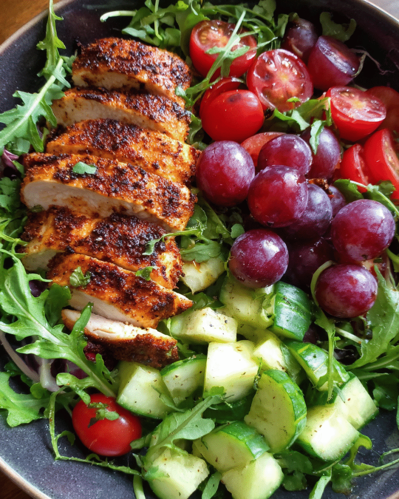 Blackened chicken and grape arugula salad in a rustic bowl