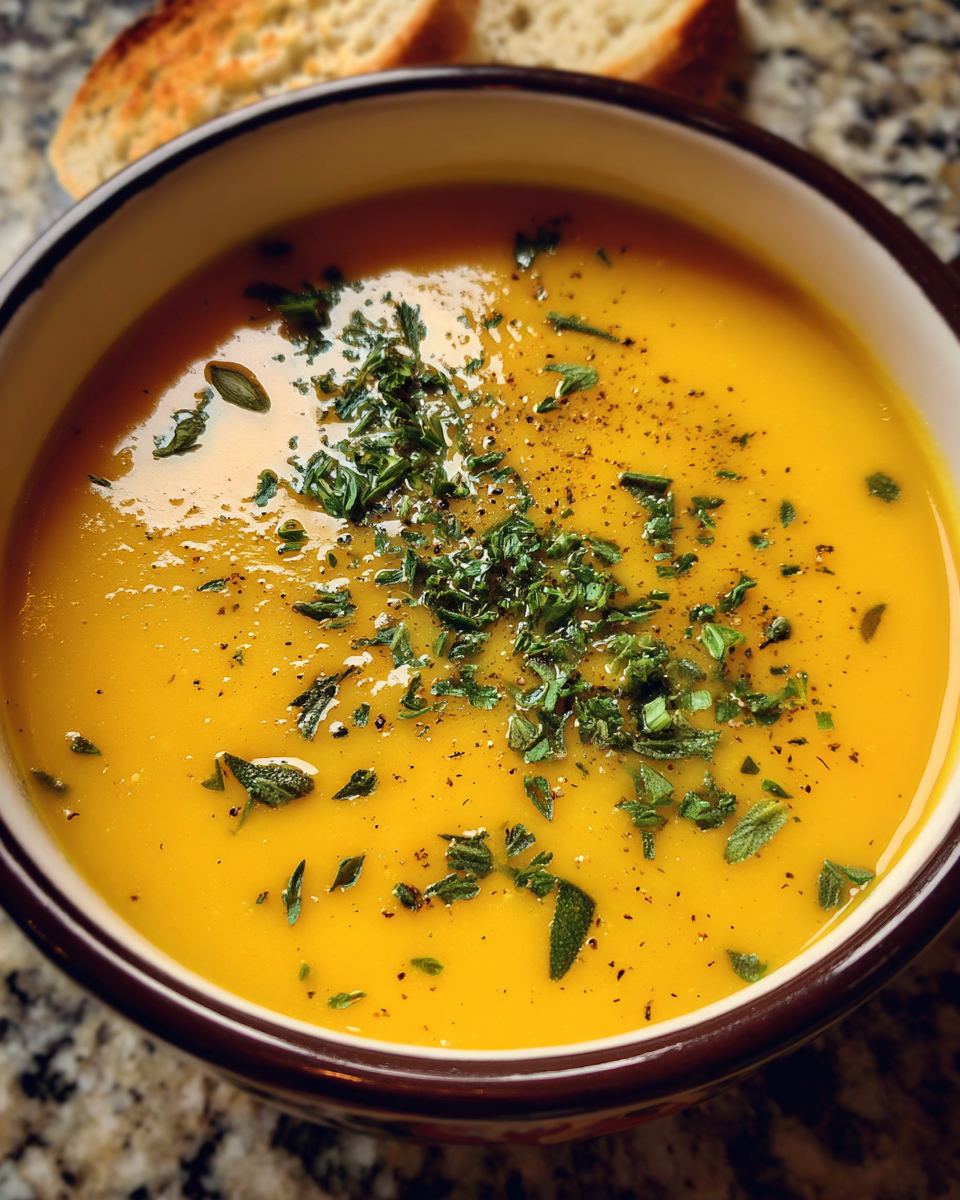 Butternut squash soup with parsley and pumpkin seeds