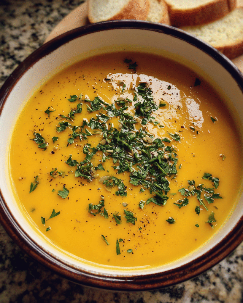 Butternut squash soup with parsley and pumpkin seeds