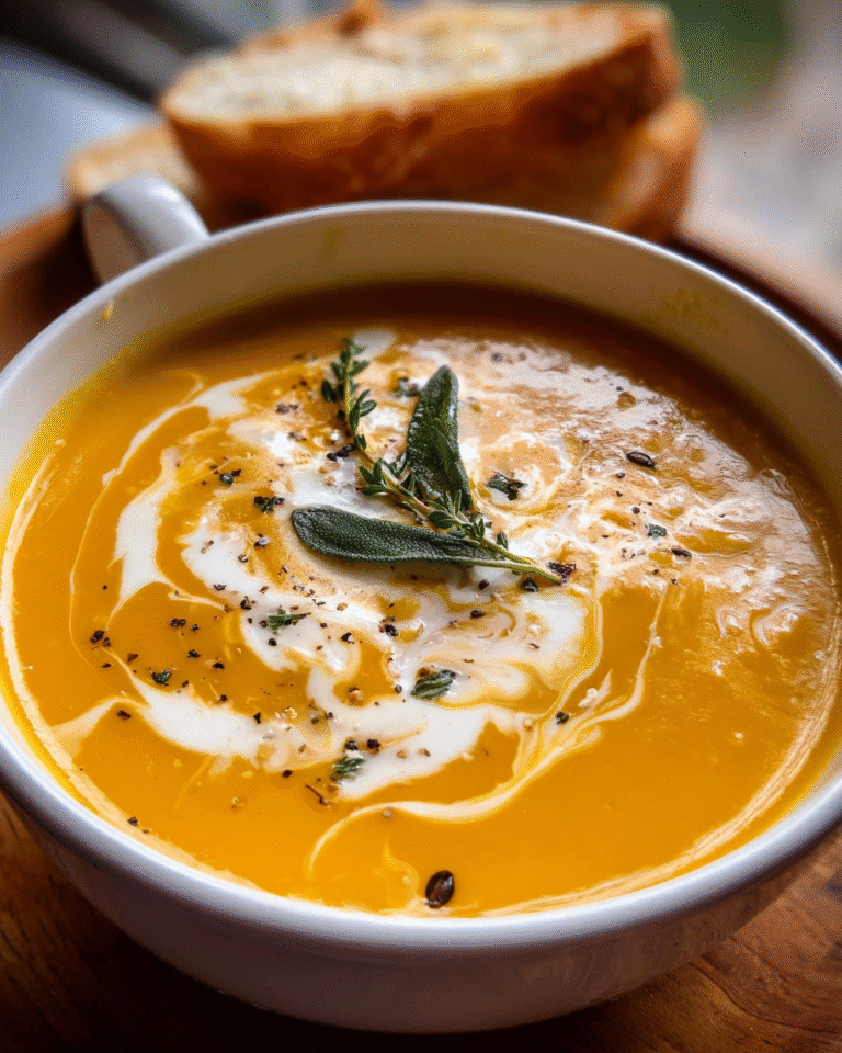 classic Pumpkin Soup in rustic bowl
