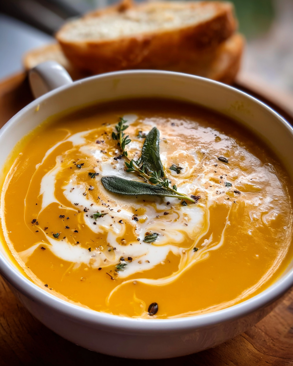 classic Pumpkin Soup in rustic bowl