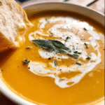 classic Pumpkin Soup in rustic bowl