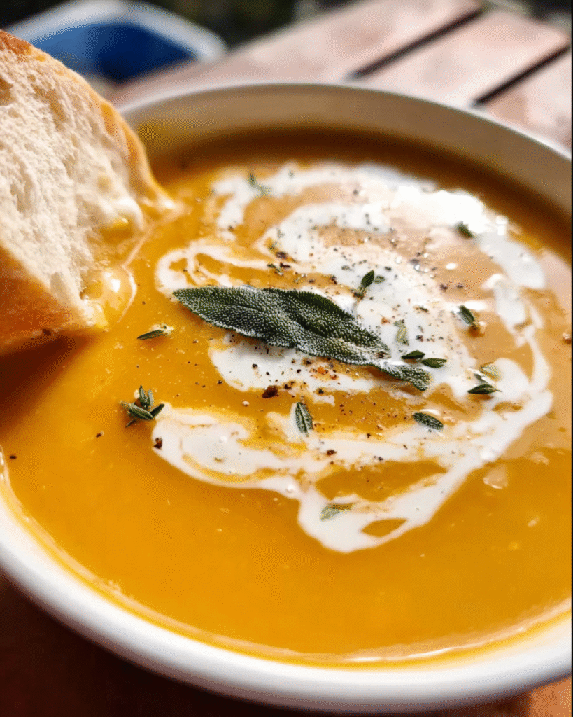 classic Pumpkin Soup in rustic bowl