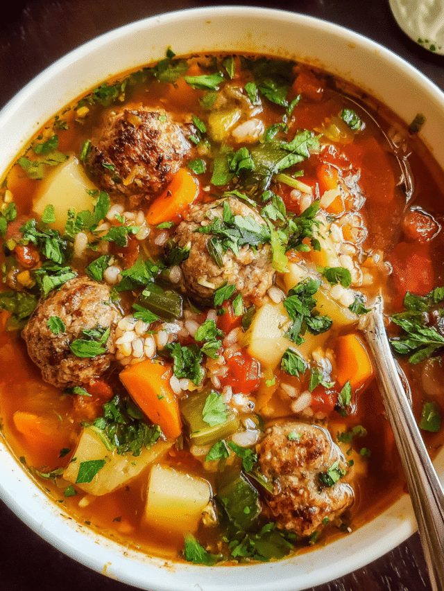 Albondigas soup in rustic kitchen setting