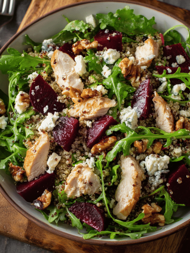 Arugula quinoa salad with chicken and beets in bowl