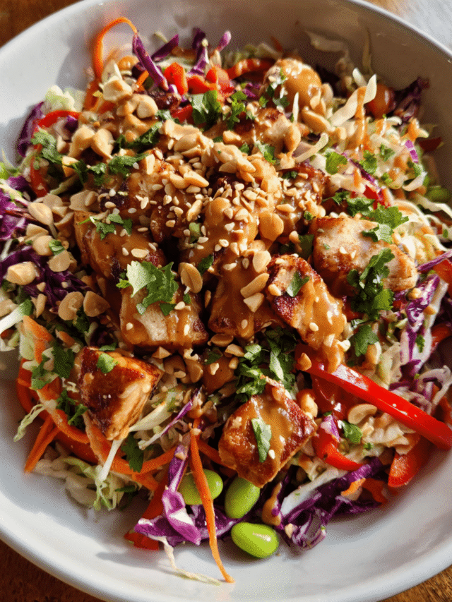 Asian Chicken Crunch Salad with peanut dressing
