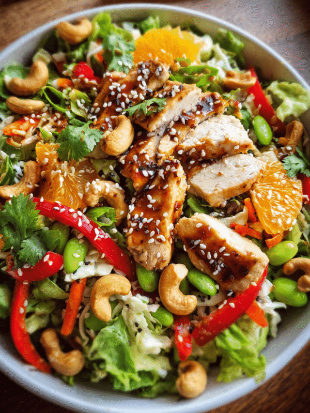 Overhead view of Asian sesame chicken and cashew salad