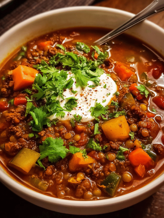 hearty beef and lentil soup with cilantro and yogurt