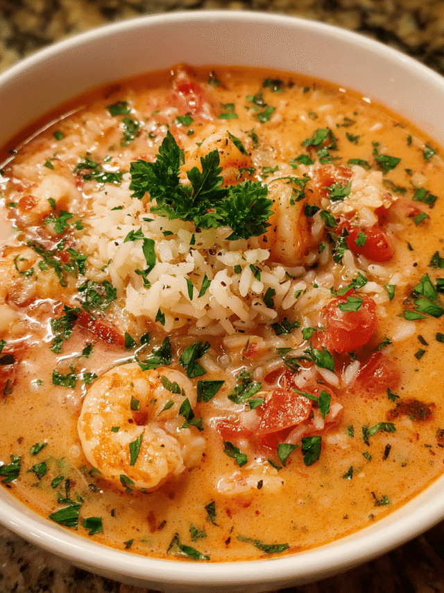 Brazilian Shrimp Soup in ceramic bowl with garnish