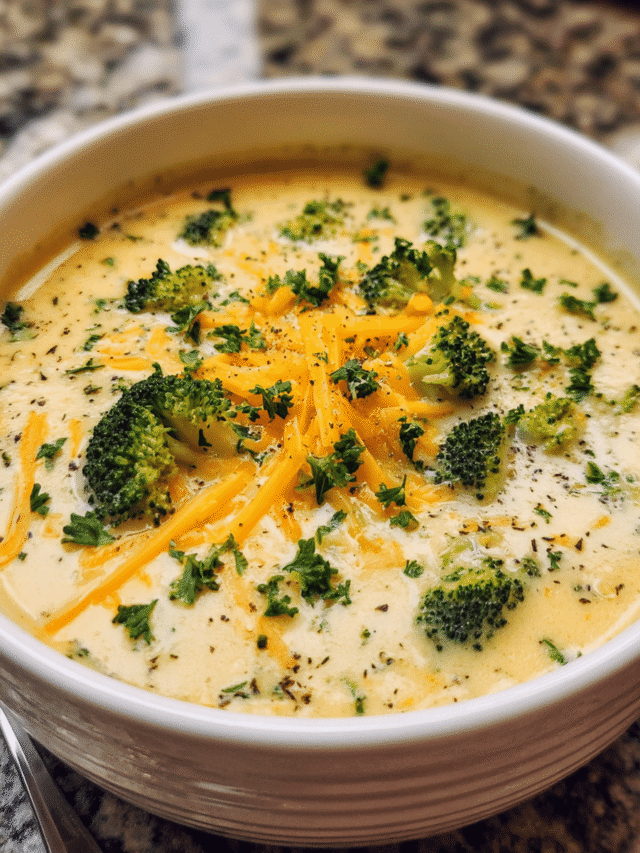 Broccoli cheddar soup in a bowl with bread