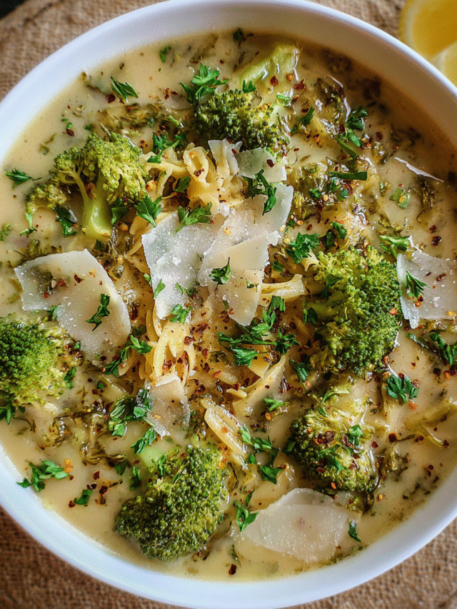 Bowl of Broccoli Parmesan Soup with pasta, shaved cheese, and herbs