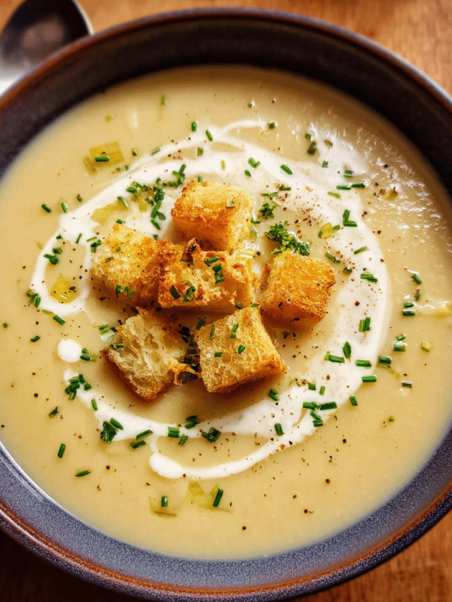 Creamy celeriac soup in bowl with croutons