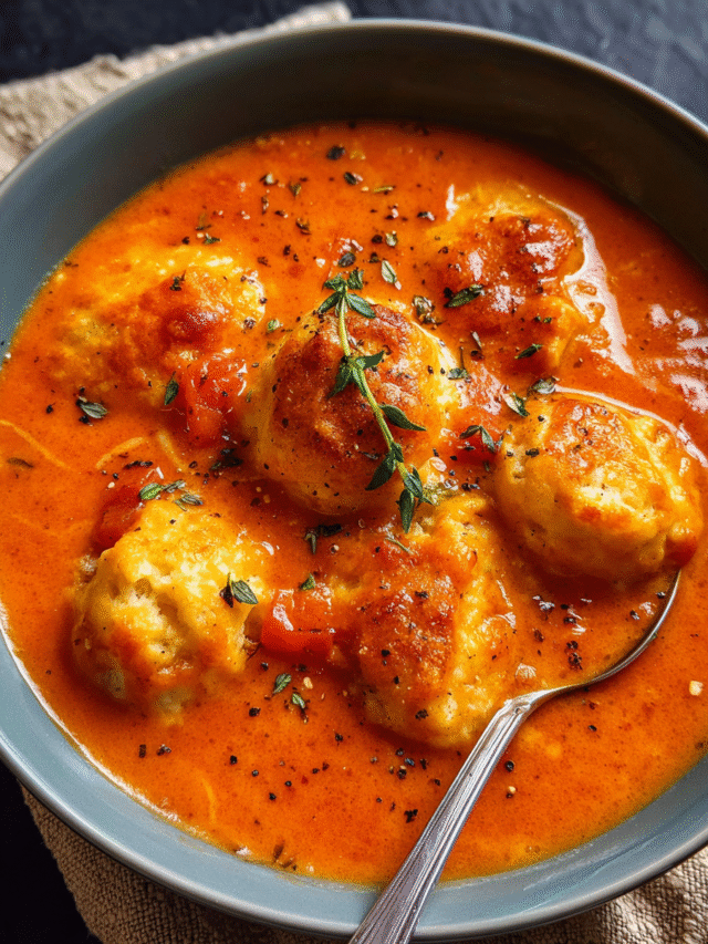 Cheese Dumpling Tomato Soup with fluffy biscuit dumplings and melted cheese in a warm tomato broth