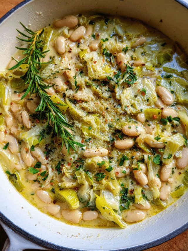 Cheesy Beans and Leeks in rustic bowl