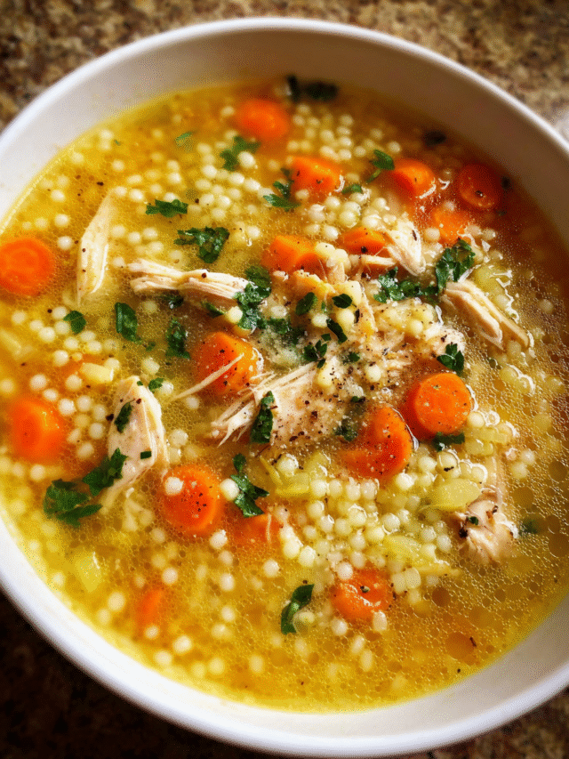 Bowl of Chicken Pastina Soup with carrots, celery, and shredded chicken