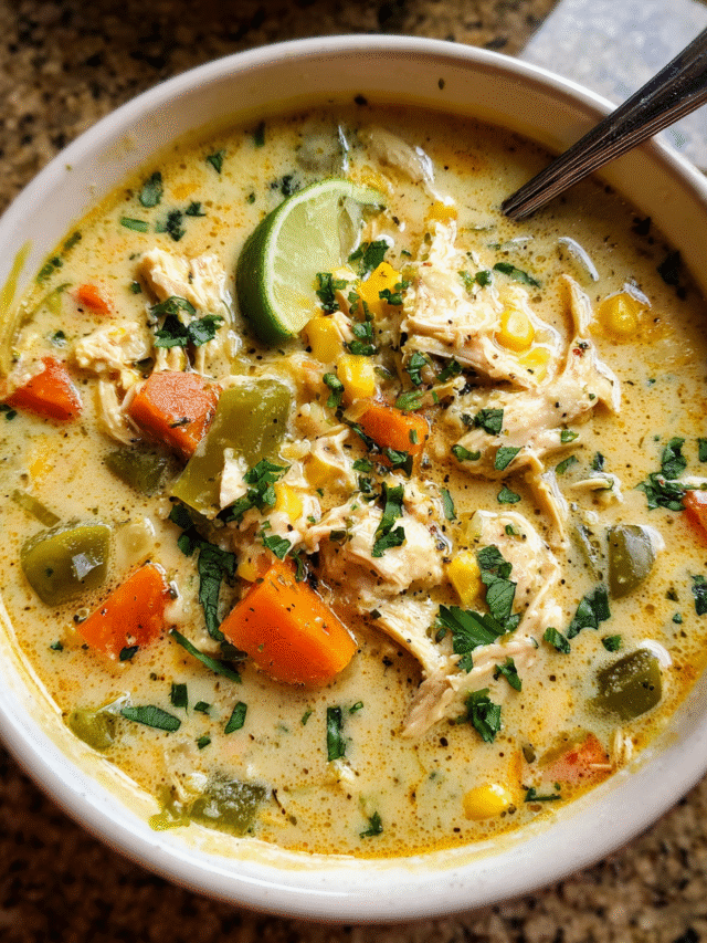 Chicken poblano soup in a bowl with peppers