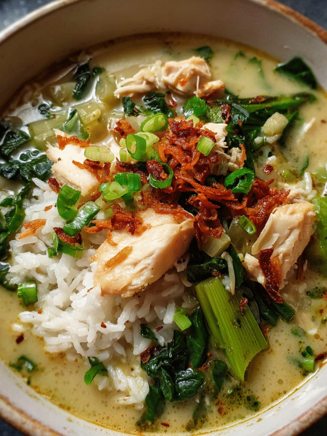 Chinese Rice Soup in bowl with toppings