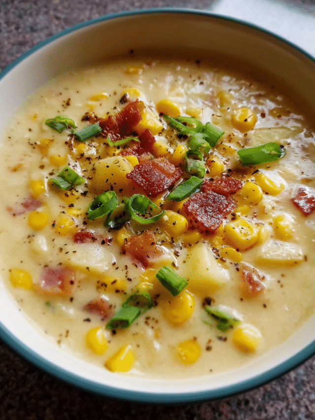 Cold corn soup in rustic bowl with garnish
