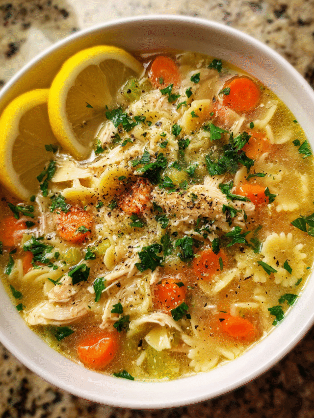 Bowl of Cozy Chicken and Stars Soup with vegetables and star pasta