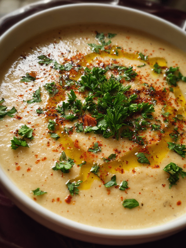 Creamy Cauliflower Almond Soup in a bowl with parsley