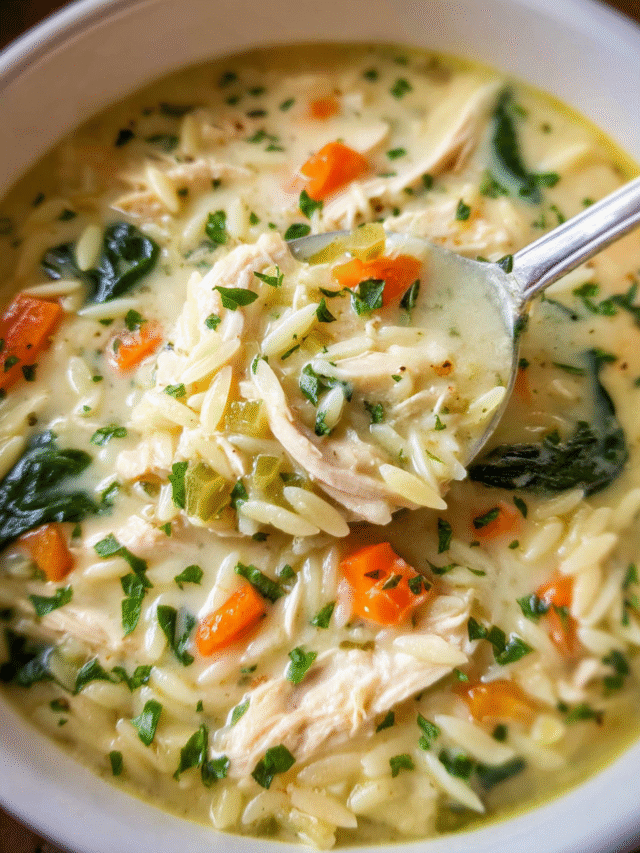 Creamy Lemon Chicken Orzo Soup served in a bowl