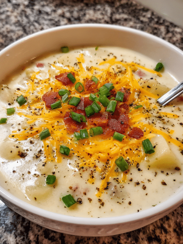 Creamy potato soup served hot with toppings