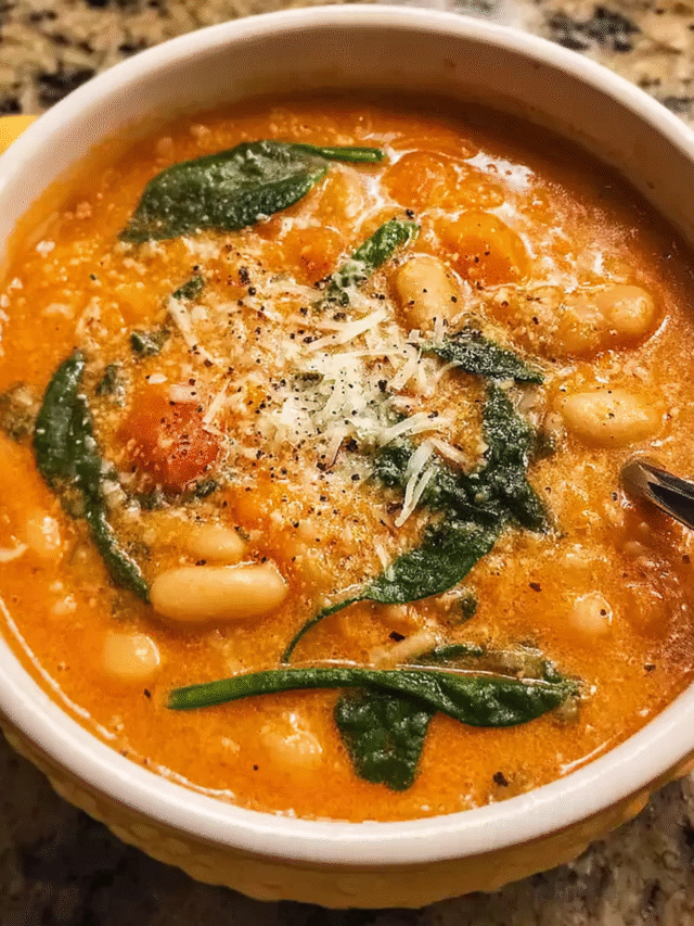 Creamy tomato bean soup with basil and bread
