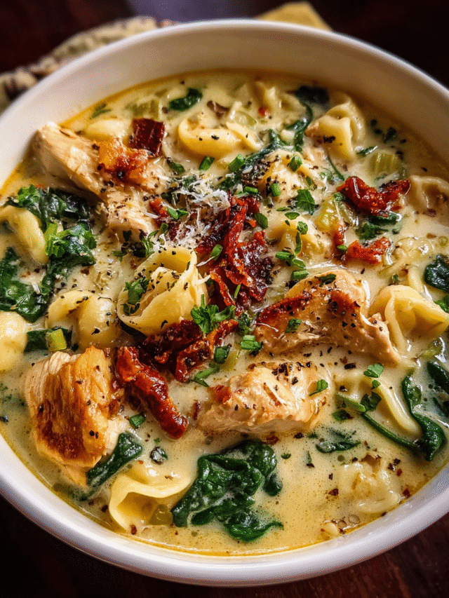 Creamy Tuscan Chicken Soup in rustic bowl