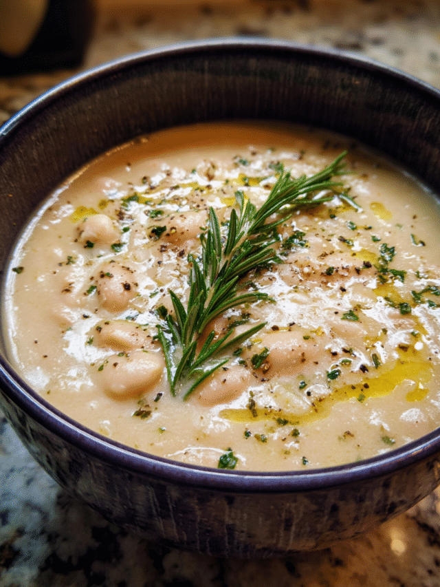 Bowl of creamy white bean soup with rosemary
