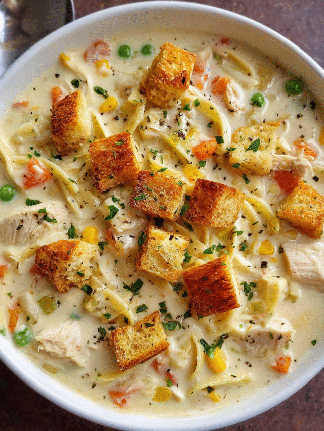 Creamy chicken noodle soup with croutons and herbs