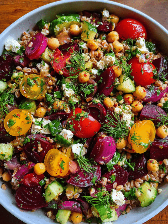 Easy Mediterranean Farro Salad in rustic bowl