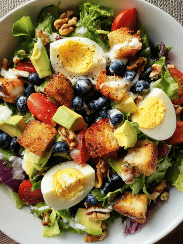 easy layered brunch salad in glass bowl