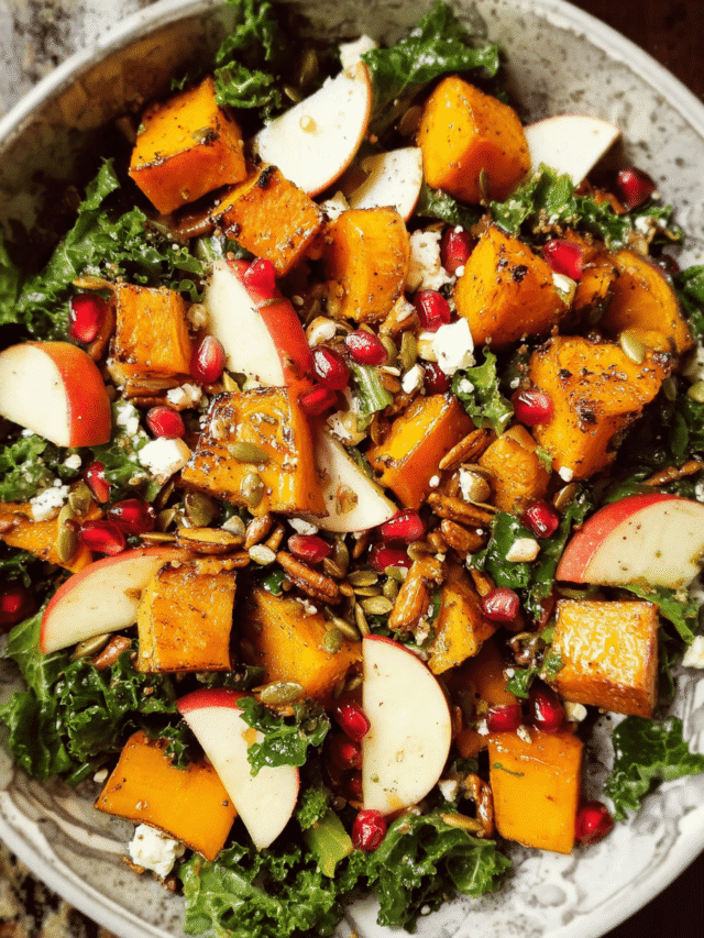 Fall Harvest Salad with Butternut Squash and Apple in rustic setting