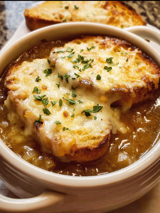 French onion soup with cheesy toast topping