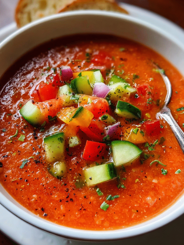 Gazpacho served in bowl with fresh ingredients