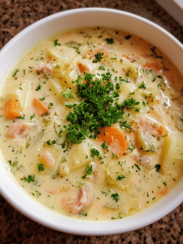 Creamy ham and potato soup in a rustic bowl