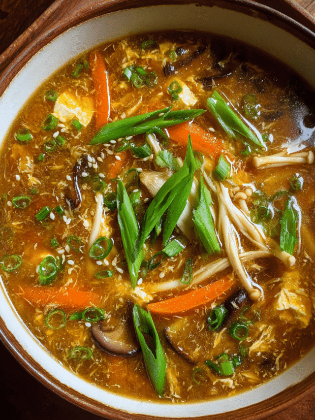 Hot and sour soup in ceramic bowl